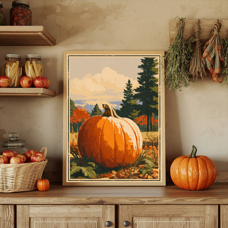 Giant pumpkin canvas wall art in cozy cottage style, earthy oranges and soft shadows, tasteful dorm room Thanksgiving accent
