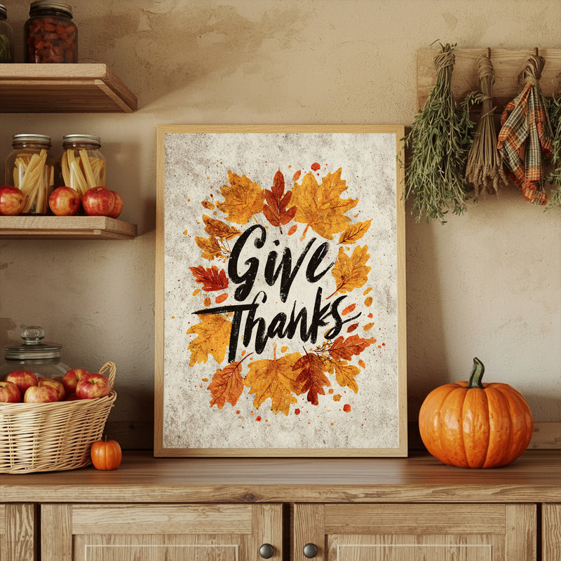 Rustic Thanksgiving canvas wall art, horizontal layout with 'Give Thanks' phrase and muted palette, thoughtful dorm gift