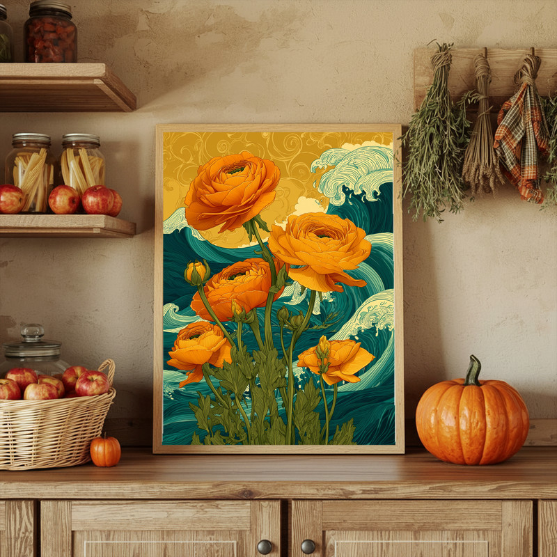 Golden Horizon ranunculi canvas wall art with soft brushstrokes, teal and amber palette over the sea, for hallway decor