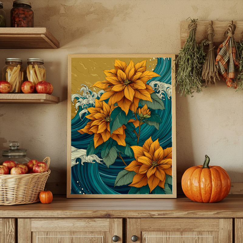 Golden sky poinsettias canvas wall art rendered in flowing wave strokes, rich red petals and gold glow, portrait orientation Golden sky poinsettias canvas wall art rendered in flowing wave strokes, rich red petals and gold glow, portrait orientation