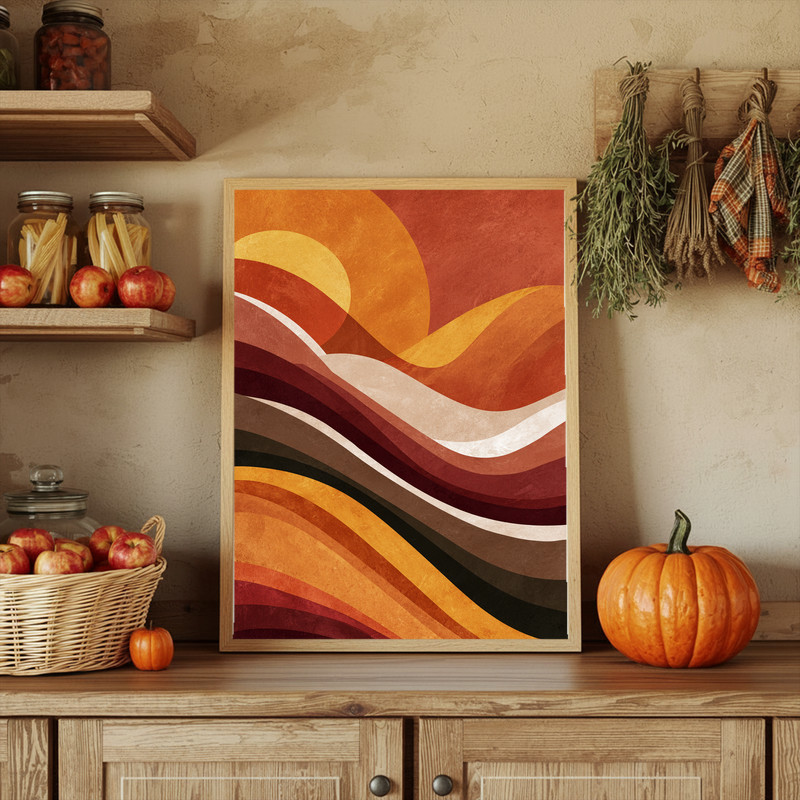 Harvest Waves autumn abstract canvas wall art, bold terracotta, mustard, and plum wave bands, contemporary dorm statement, wide