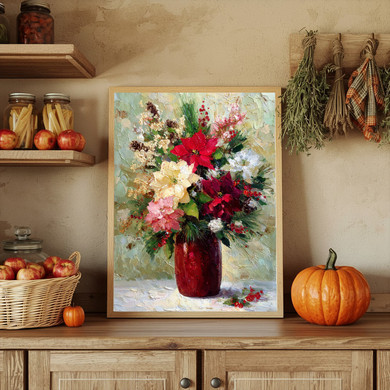 Holiday blooms canvas wall art, Scandi floral with pine and holly on muted green, horizontal print for cozy dorm walls