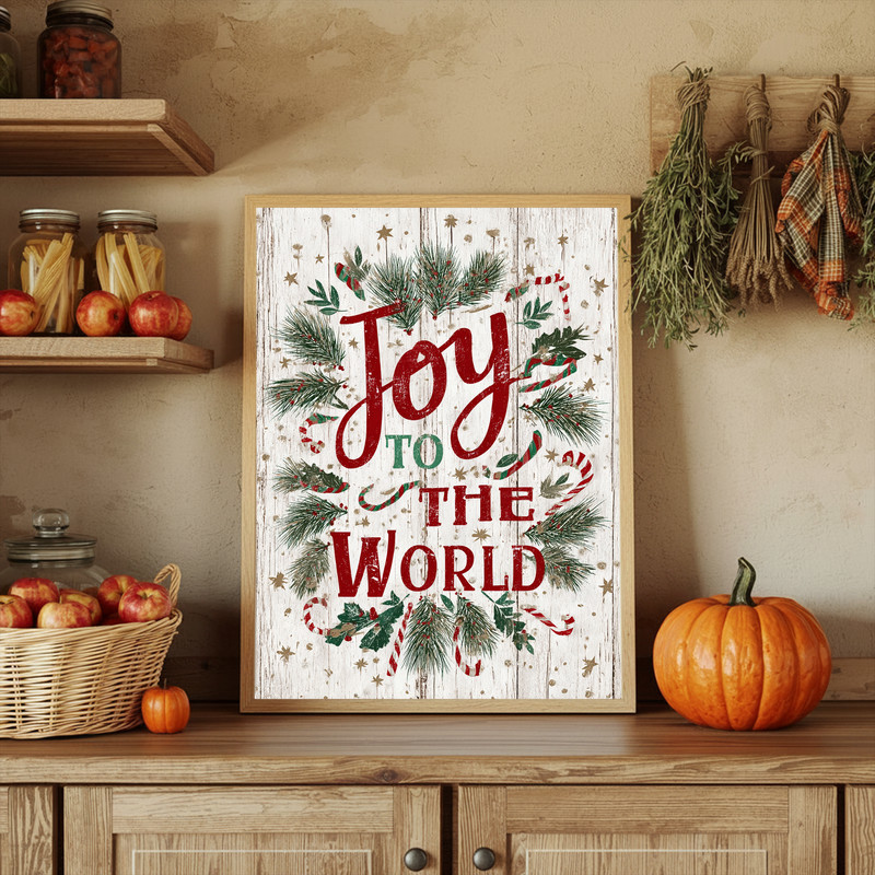 Joy to the World canvas wall art with rustic charm, dorm room wall decor in earthy neutrals and softly weathered lettering