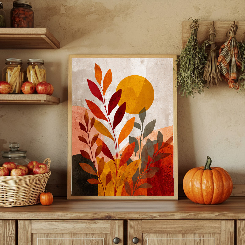 Layered autumn canvas wall art, tall portrait with curved bands on a neutral cream backdrop, warm minimal for dorm decor.