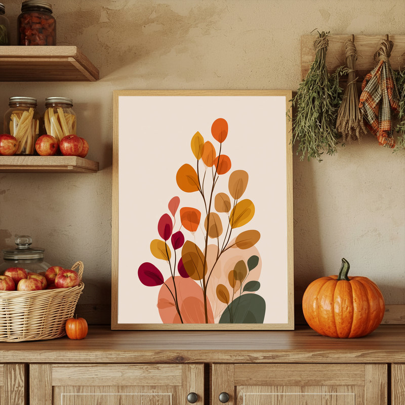 Minimalist botanical canvas wall art with single stem over rust and olive watercolor wash for Thanksgiving dorm wall decor