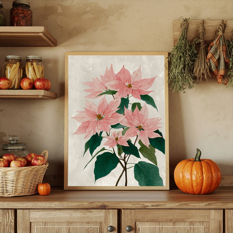 Poinsettias bloom canvas wall art, minimalist oil painting with negative space and red blooms, calming bedroom decor