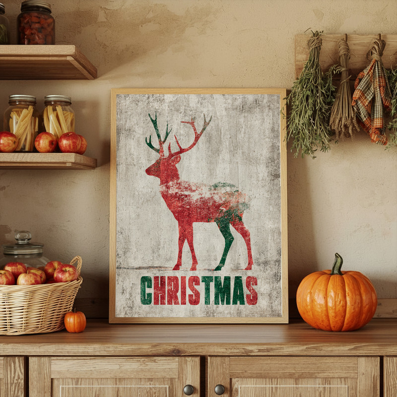 Minimalist reindeer Christmas canvas wall art, clean outline on textured canvas, portrait piece adds holiday charm to dorms