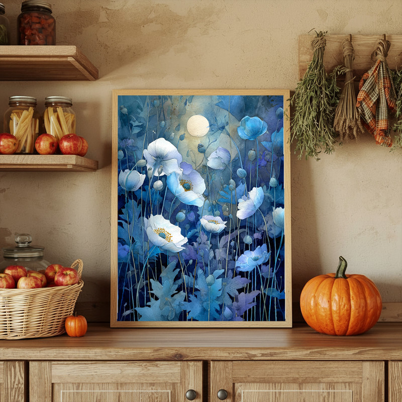 Moonlit night garden of anemones canvas wall art, purple and charcoal palette, panoramic layout to anchor a moody contemporary lounge Moonlit night garden of anemones canvas wall art, purple and charcoal palette, panoramic layout to anchor a moody contemporary lounge