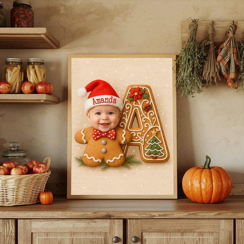 Custom baby gingerbread letter canvas, iced cookie initial on soft pastel background, sweet gift for Baby’s First Christmas