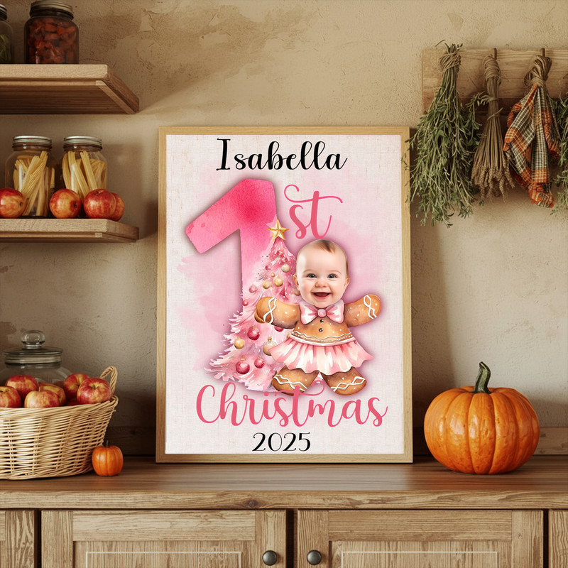 Baby girl first Christmas canvas wall art with pink gingerbread ballerina, personalized newborn gift, charming festive nursery Baby girl first Christmas canvas wall art with pink gingerbread ballerina, personalized newborn gift, charming festive nursery
