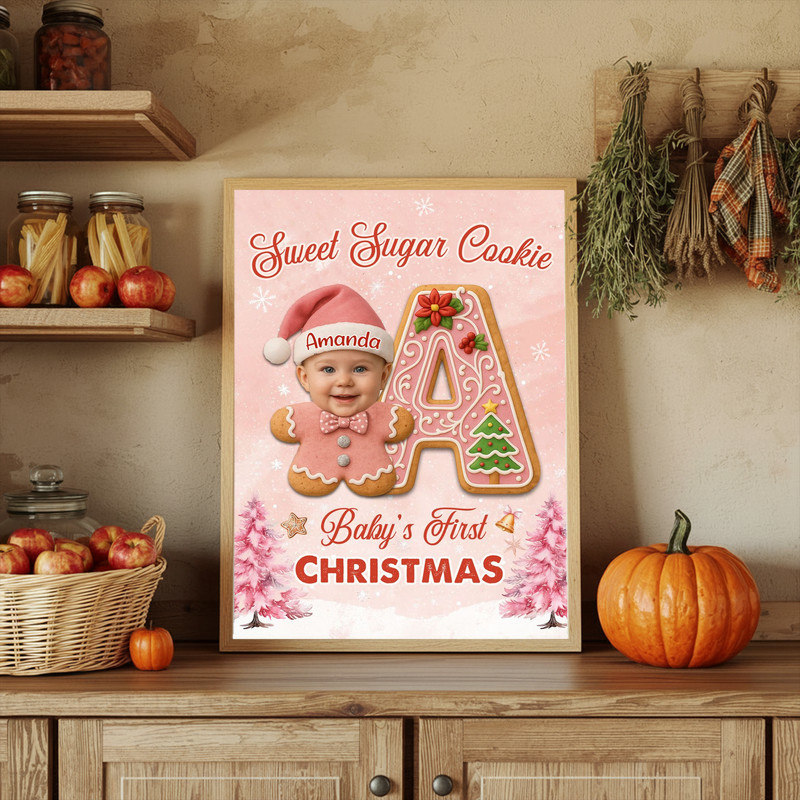 Baby pink gingerbread canvas wall art, baby name and date on sugar cookie design, first holiday keepsake for the nursery