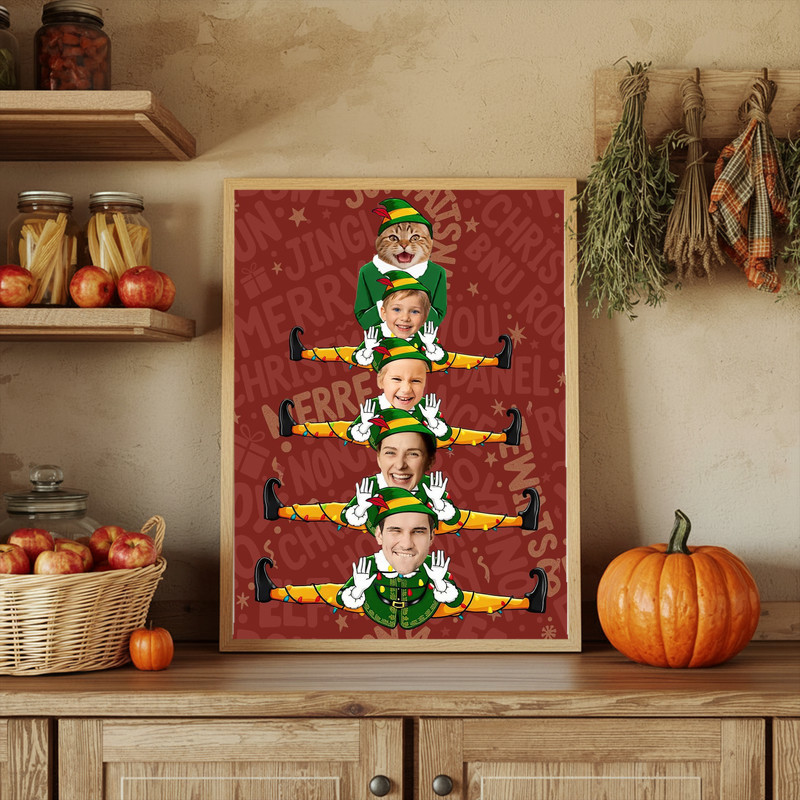 Elf family Christmas tree canvas wall art, white background, two adults, two kids, personalized surname, living room decor