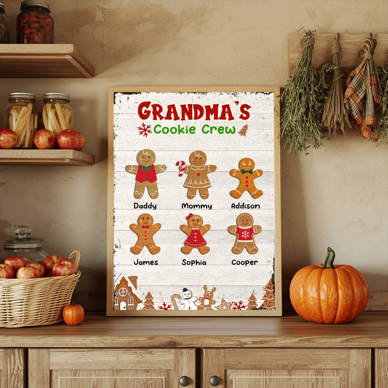 Grandma’s Cookie Crew Christmas canvas wall art, chalkboard, custom grandkids’ names on gingerbread family, holiday decor