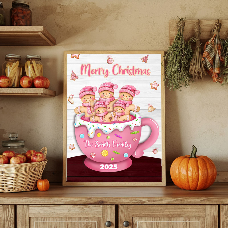 Pink gingerbread family cup Christmas canvas wall art, custom couple or family, add names and date, romantic winter gift Pink gingerbread family cup Christmas canvas wall art, custom couple or family, add names and date, romantic winter gift