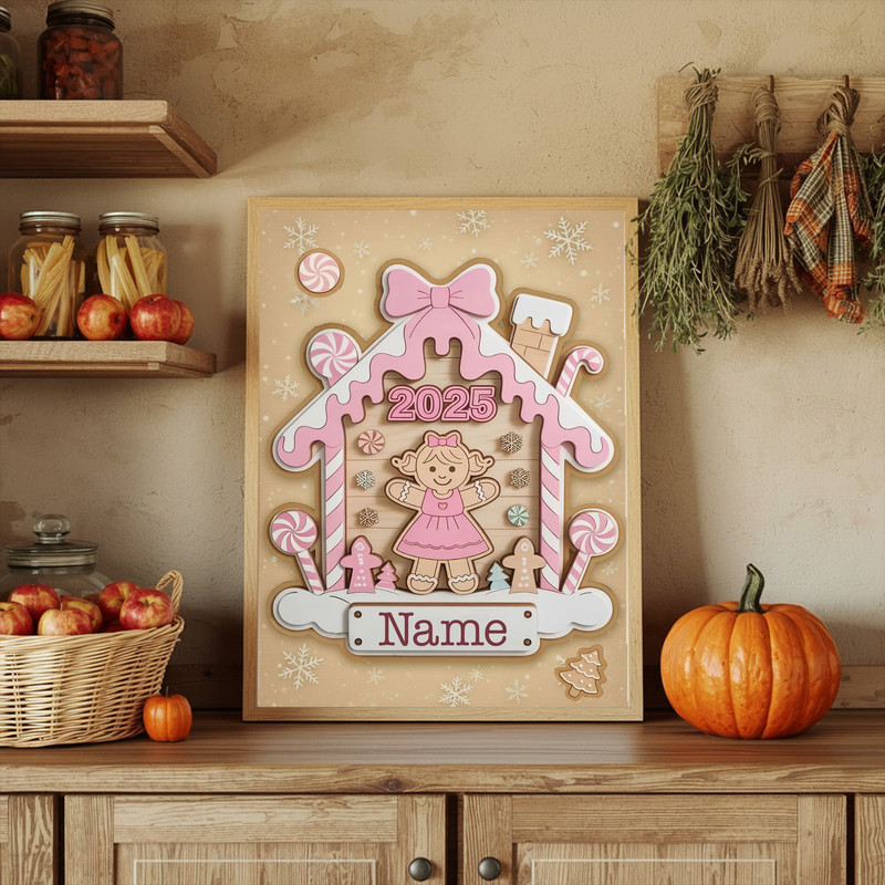 Personalized pink gingerbread canvas wall art, custom name design, cute festive decor for baby girl’s first Christmas nursery Personalized pink gingerbread canvas wall art, custom name design, cute festive decor for baby girl’s first Christmas nursery