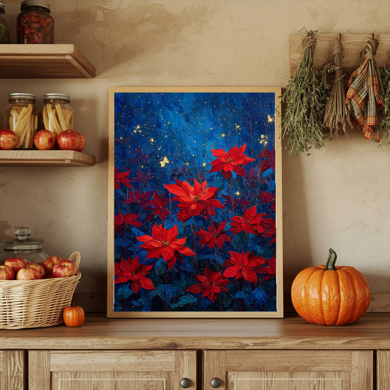Poinsettias night garden canvas wall art, panoramic landscape of red blooms and foliage on charcoal night, serene watercolor