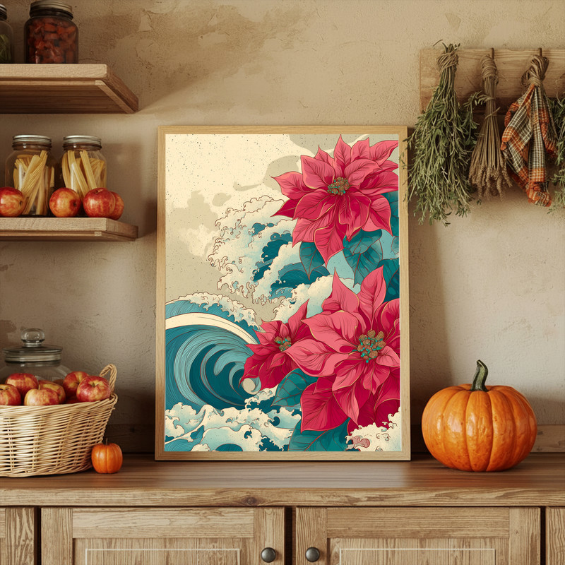 Japanese-inspired poinsettias and ocean waves canvas wall art, ink lines with sea spray ruby petals pop on cool blue portrait