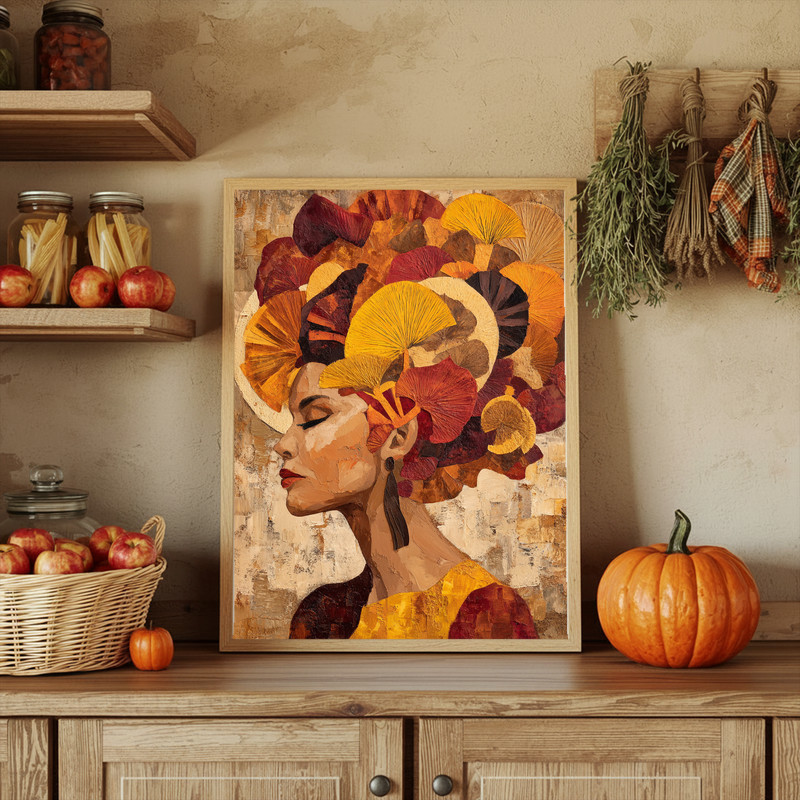 Portrait of a woman with an extravagant headdress canvas wall art, muted background and bold headpiece, perfect for study nook