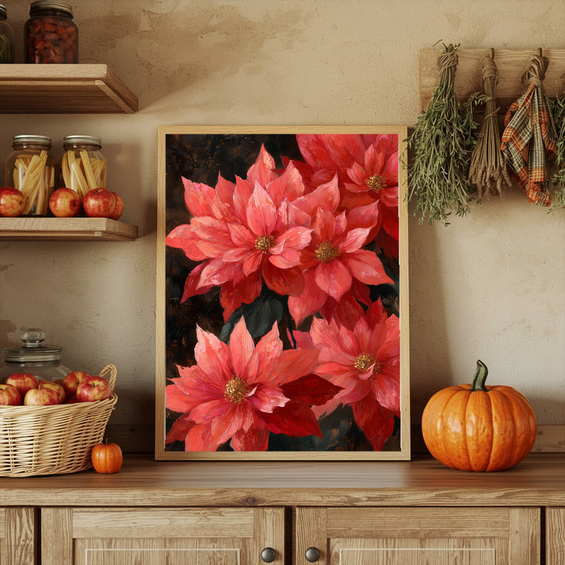 Red poinsettias canvas wall art, rustic fine art portrait, vertical orientation with natural light and painterly texture