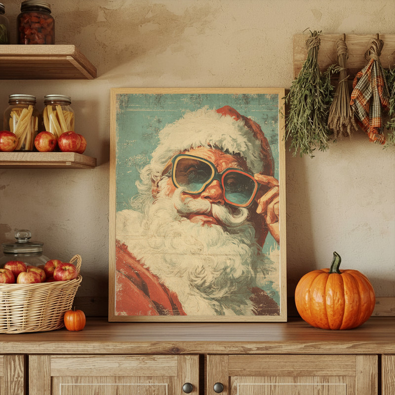 Retro Santa canvas wall art, cute humorous aesthetic for dorm decor, mid-century holiday look for youthful apartment and dorm walls