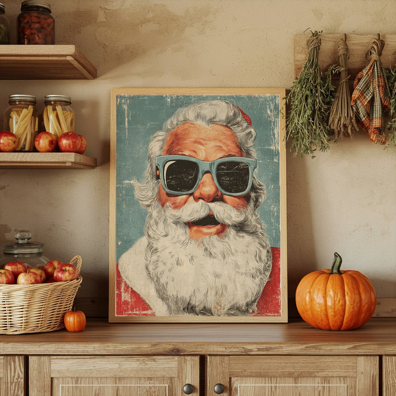 Retro Santa canvas wall art in bold red and teal colorway, holiday statement piece to brighten compact dorm room spaces.