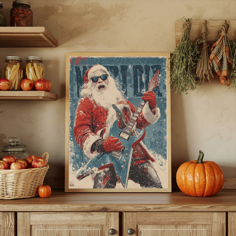 Rockstar Santa Christmas canvas wall art, retro rustic boho style with aged finish, spirited holiday accent for dorm walls