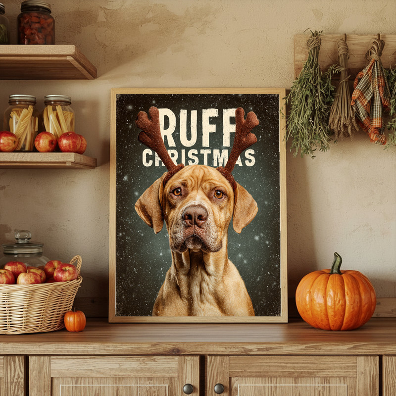 Ruff Christmas dog meme canvas wall art with cozy knit-texture background, cute pup sketch, rustic holiday vibe for dorm walls