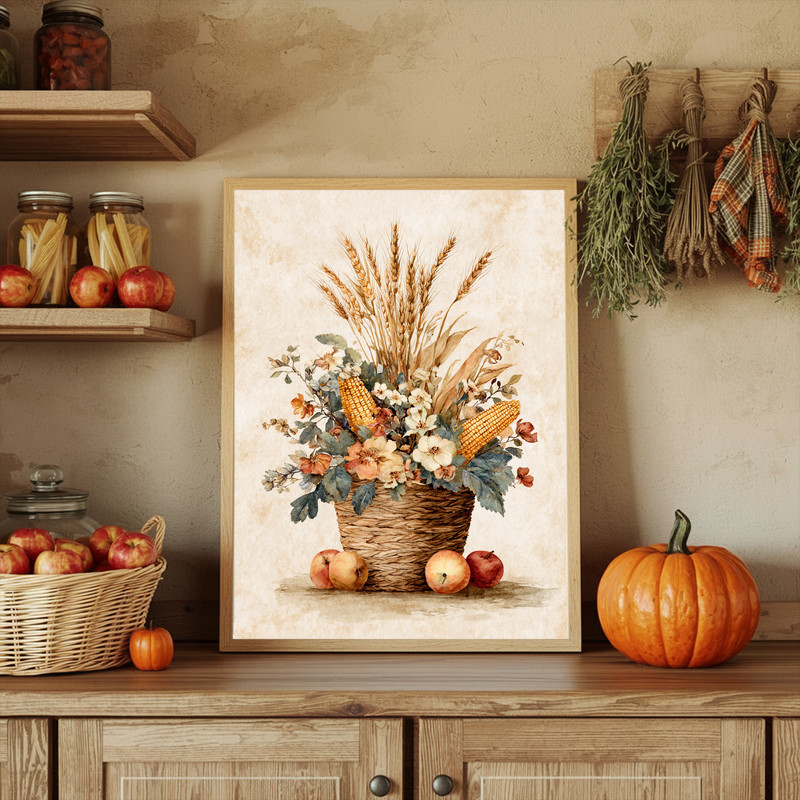 Rustic farmhouse harvest canvas wall art brings cozy autumn charm to a dorm room, with warm neutral tones and simple country accents.