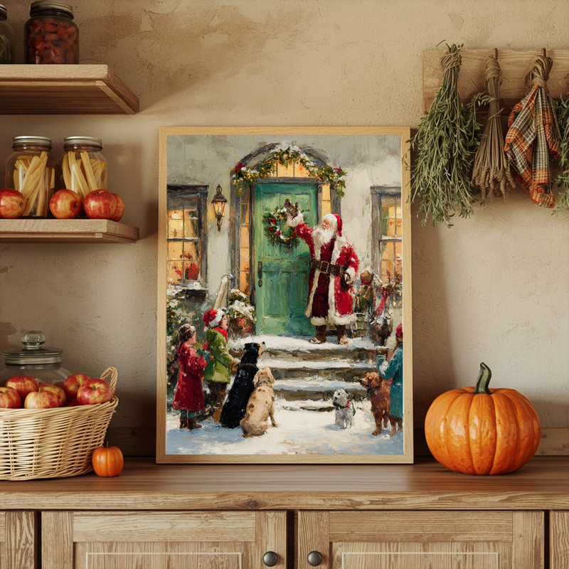 Santa on the step with green door canvas wall art, classic Christmas scene, great holiday gift to warm a family living room