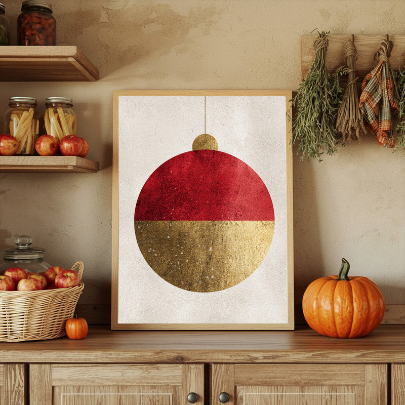 Simple Christmas canvas wall art, clean geometric ornament pattern for dorm room decorating, calm neutral palette, portrait.