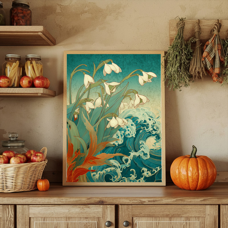 Snowdrops & Waves Harmony canvas wall art, cool gray-blue coastal palette mixing sea waves and snowdrops, bathroom wall decor