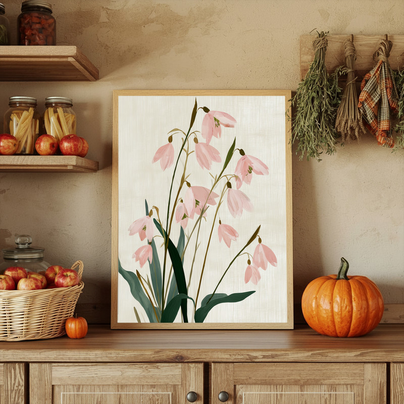 Soft blush snowdrops canvas wall art, vintage botanical illustration with aged edges, ideal for living room walls
