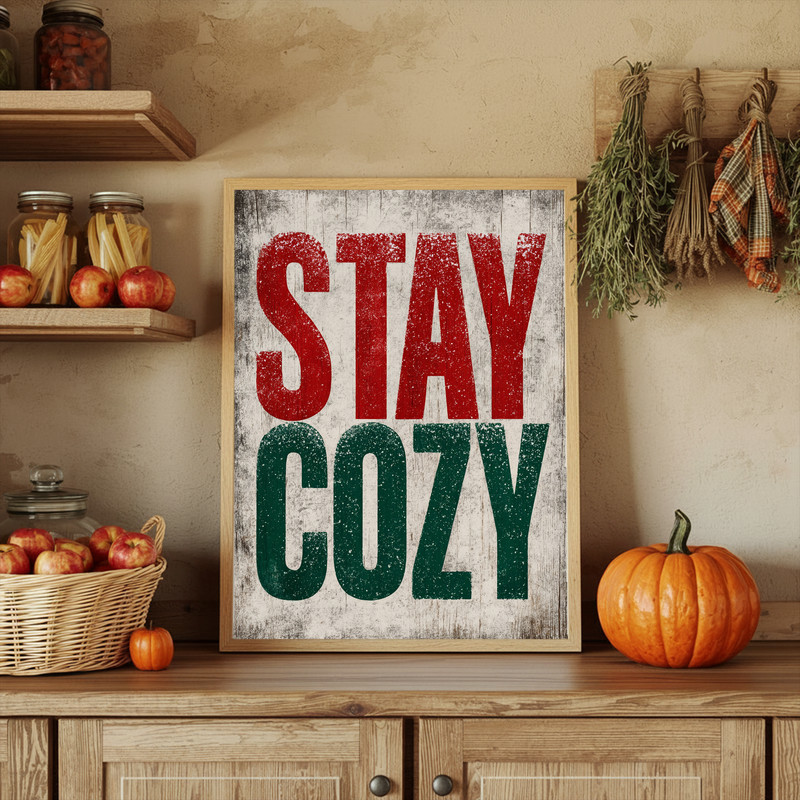 Rustic Christmas canvas wall art with 'Stay Cozy' lettering, red and green tones and a snowy finish, perfect for dorm decor