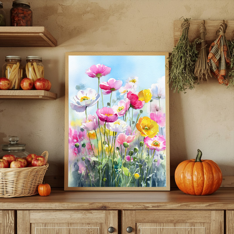 Anemone garden canvas wall art with sunlit blooms, painterly meadow feel and cheerful color palette for bright interiors