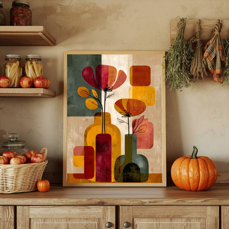 Thanksgiving flower vase canvas wall art, geometric abstract blooms in burnt orange and ochre for college dorm walls, square format