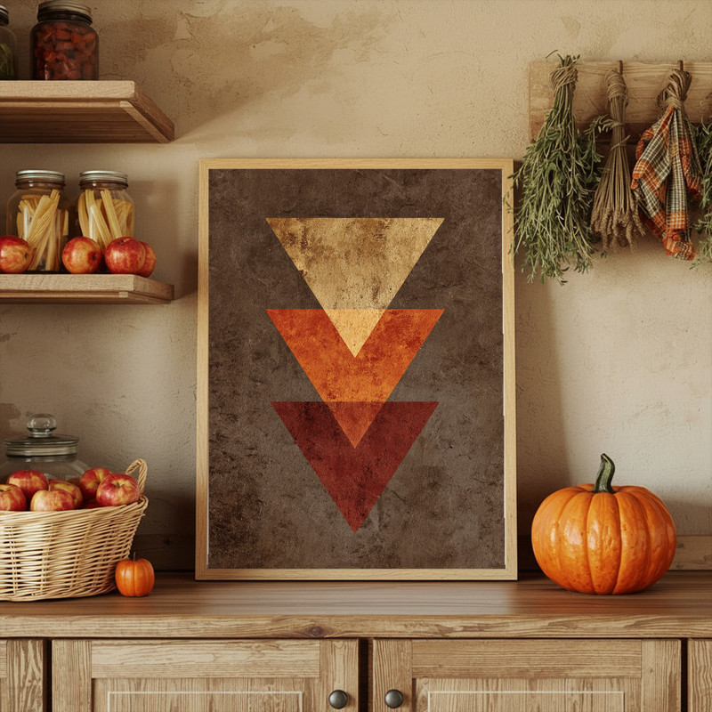 Thanksgiving geometric canvas wall art, boho chevrons and circles in rust and cream, vertical orientation for dorm decor