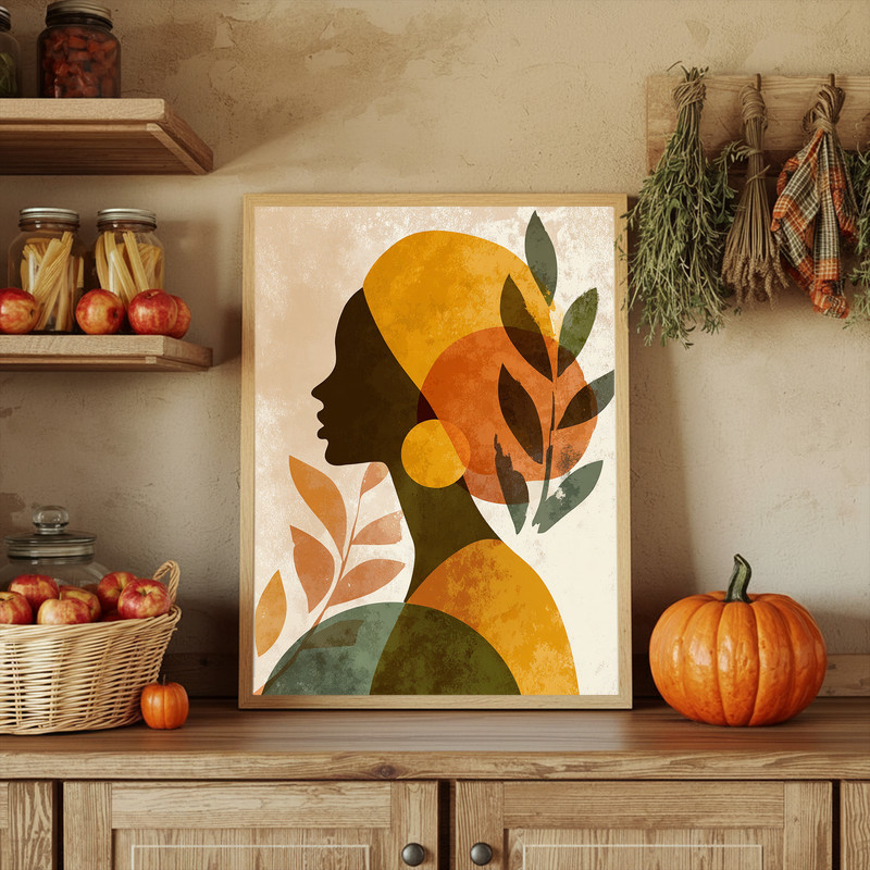 Thanksgiving inspired minimalist woman canvas wall art in beige and taupe neutrals, simple shapes for modern dorm room walls