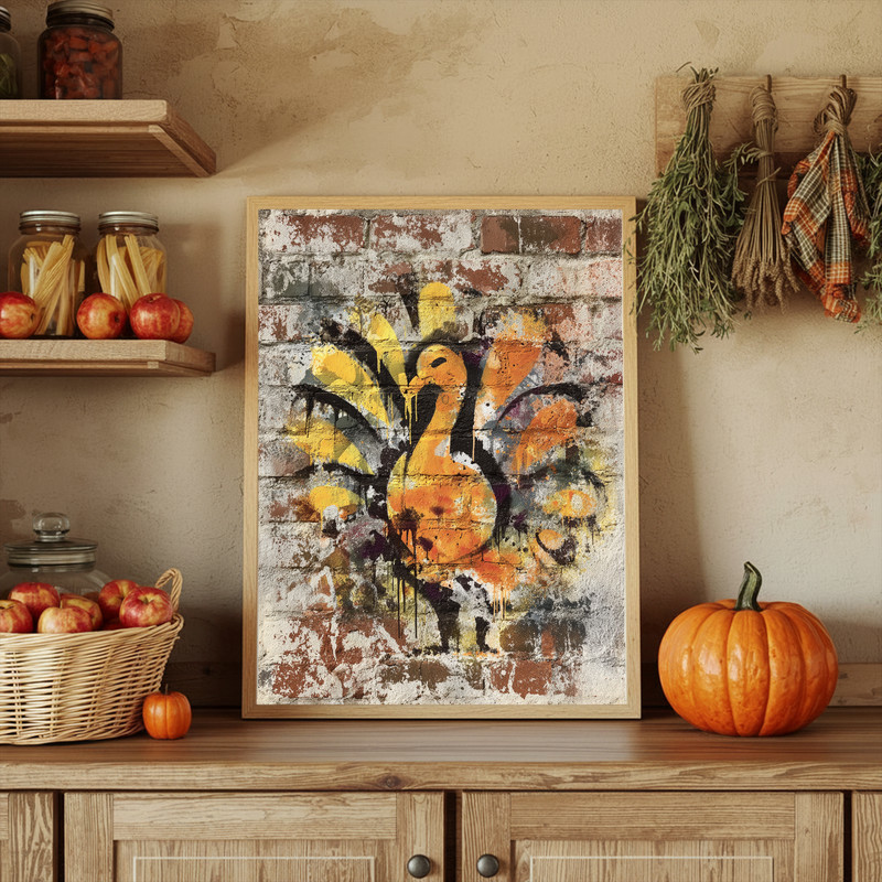 Thanksgiving turkey graffiti canvas wall art with mural-style layout and drippy lettering, fun seasonal touch for dorm decor
