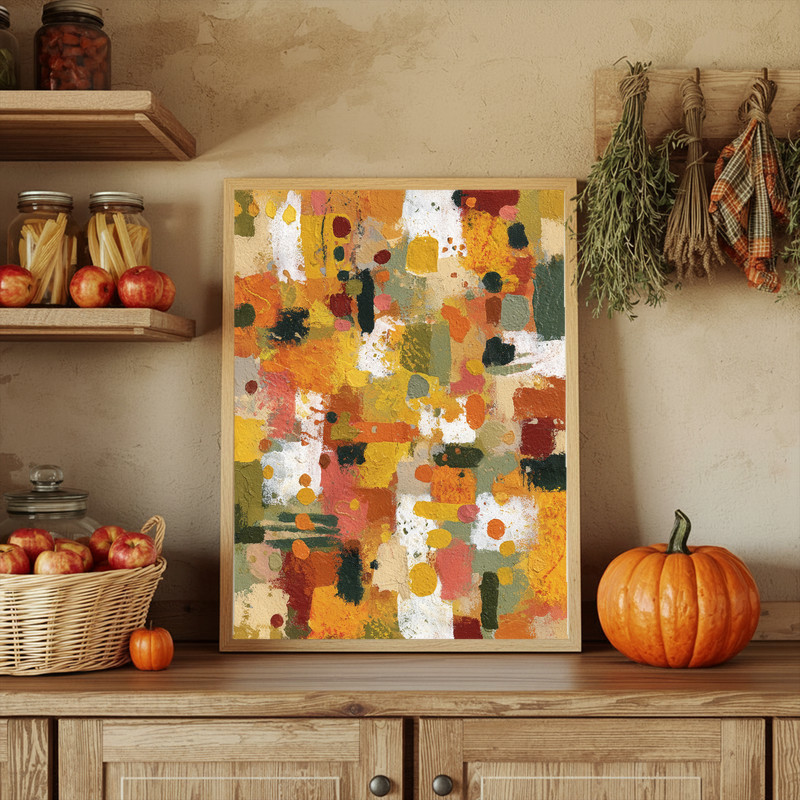 Thanksgiving vibes abstract expressionist canvas wall art, warm fall hues and dynamic strokes, thoughtful host gift for dorms