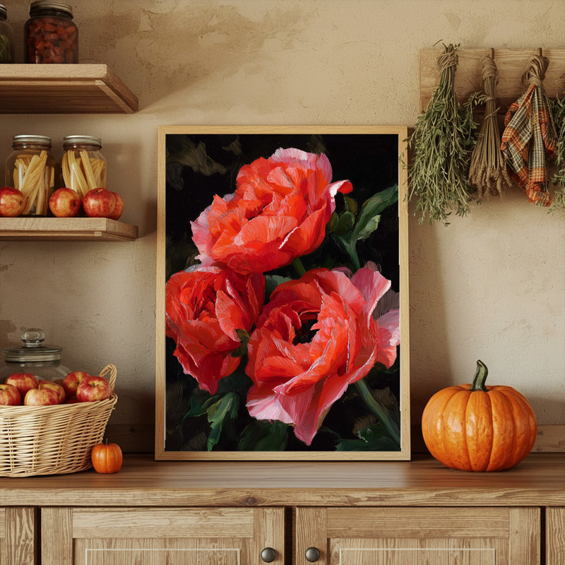 Ranunculus botanical canvas wall art with ivory petals and soft shadows, vintage-inspired aesthetic, landscape orientation