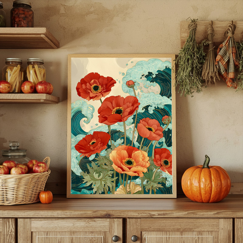 Anemones and sea waves canvas wall art, airy abstract layers that beautifully complement modern coastal interiors.