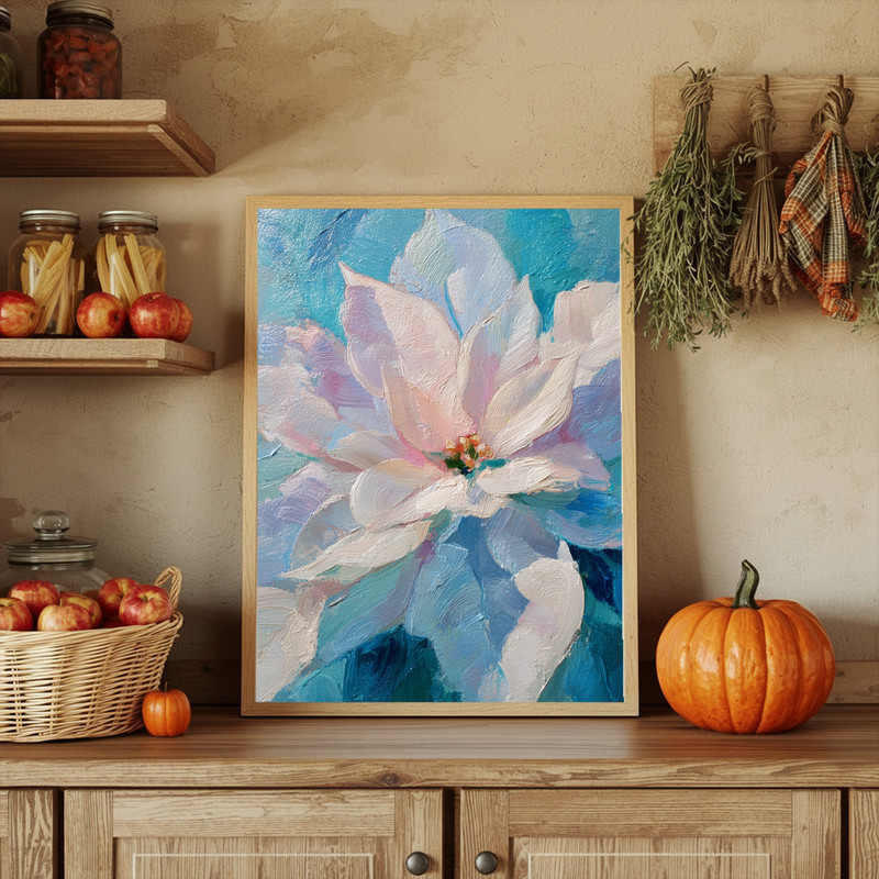 White poinsettias portrait canvas wall art, airy oil painting florals in soft cream and sage for cottage farmhouse style