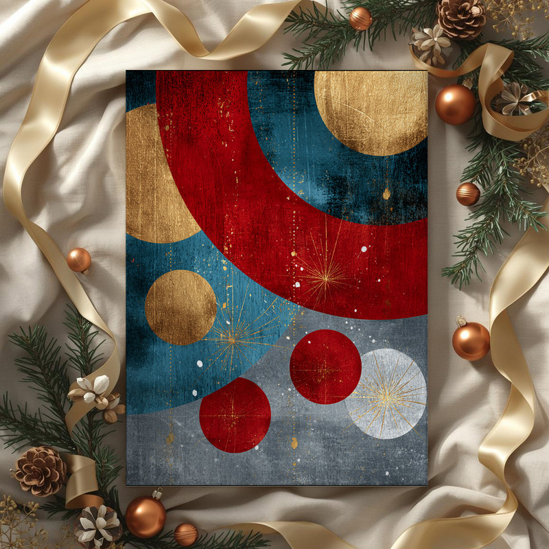 Abstract Christmas ornament canvas wall art, modern minimalist shapes in red and gold, portrait for dorm room decor. | Family Wall Decor