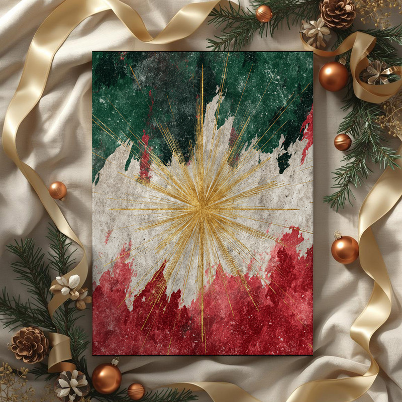 Abstract Christmas Star canvas wall art featuring metallic shimmer, deep burgundy backdrop, framed look, dorm seasonal accent