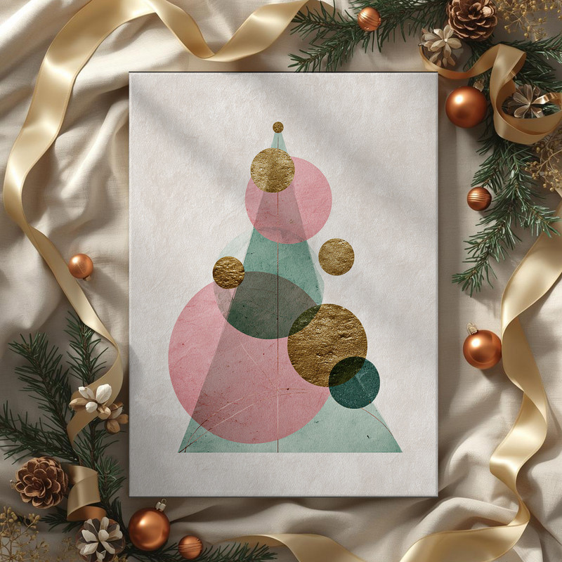 Abstract Christmas Tree canvas wall art with mid-century shapes and starburst, festive accent for a small dorm desk area