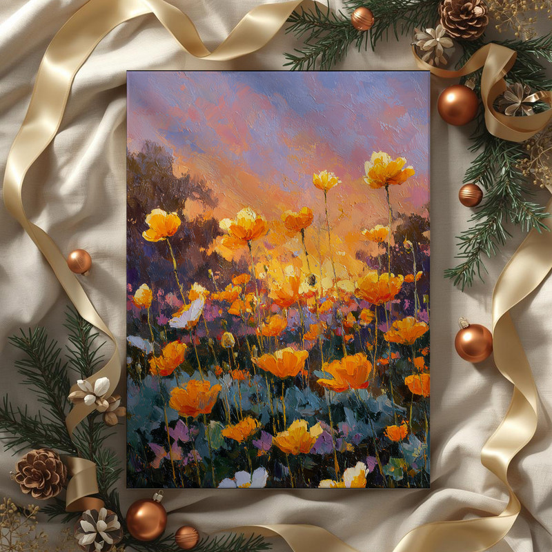 Amber Horizon canvas wall art captures impressionist anemones under a radiant sunset, textured strokes for cozy reading nook