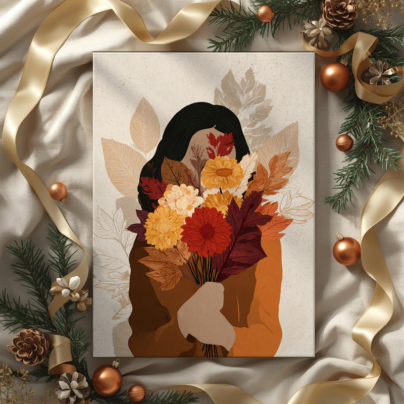 Autumn muse canvas wall art, subtle botanical nods and terracotta tones, a minimalist statement piece for curated dorm decor