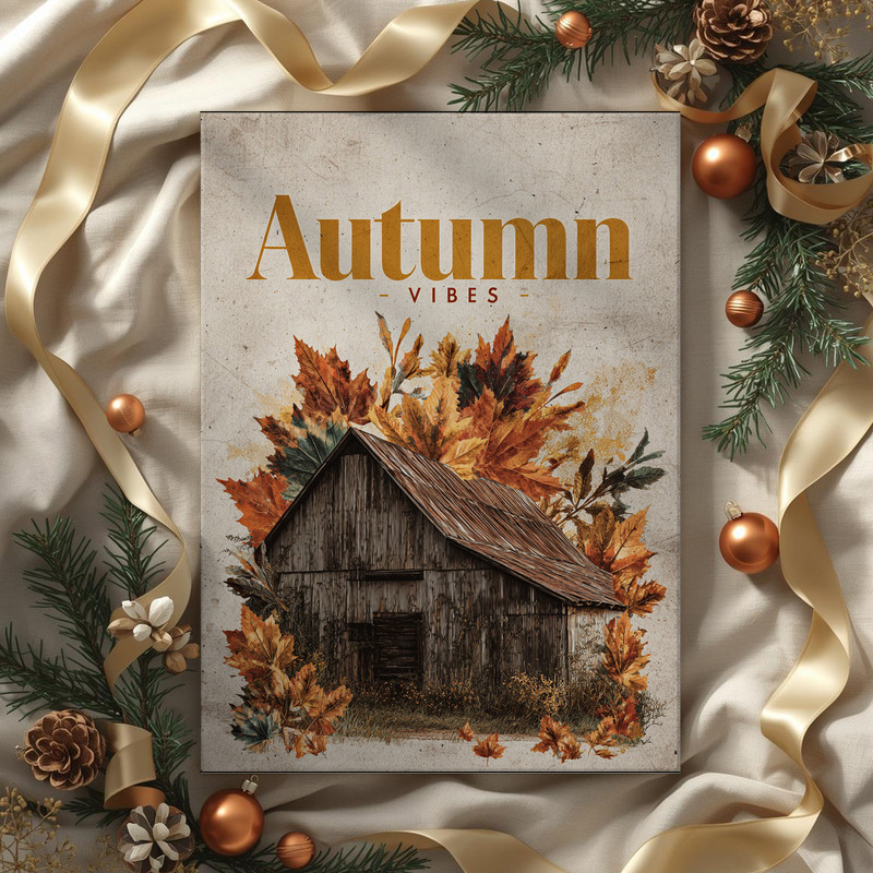Thanksgiving canvas wall art for dorm room decor, stretched canvas print with pumpkins and oak leaves, neutral earthy tones