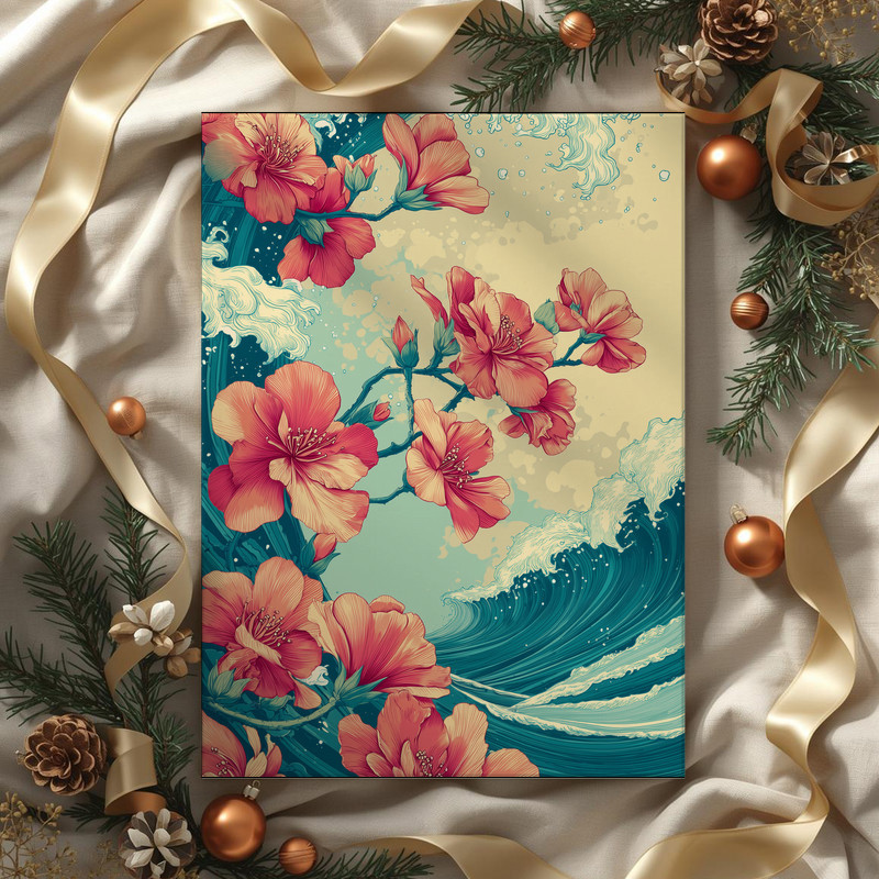 Azaleas and ocean waves floral canvas wall art, triptych-ready design with continuous seaside floral scene across panels