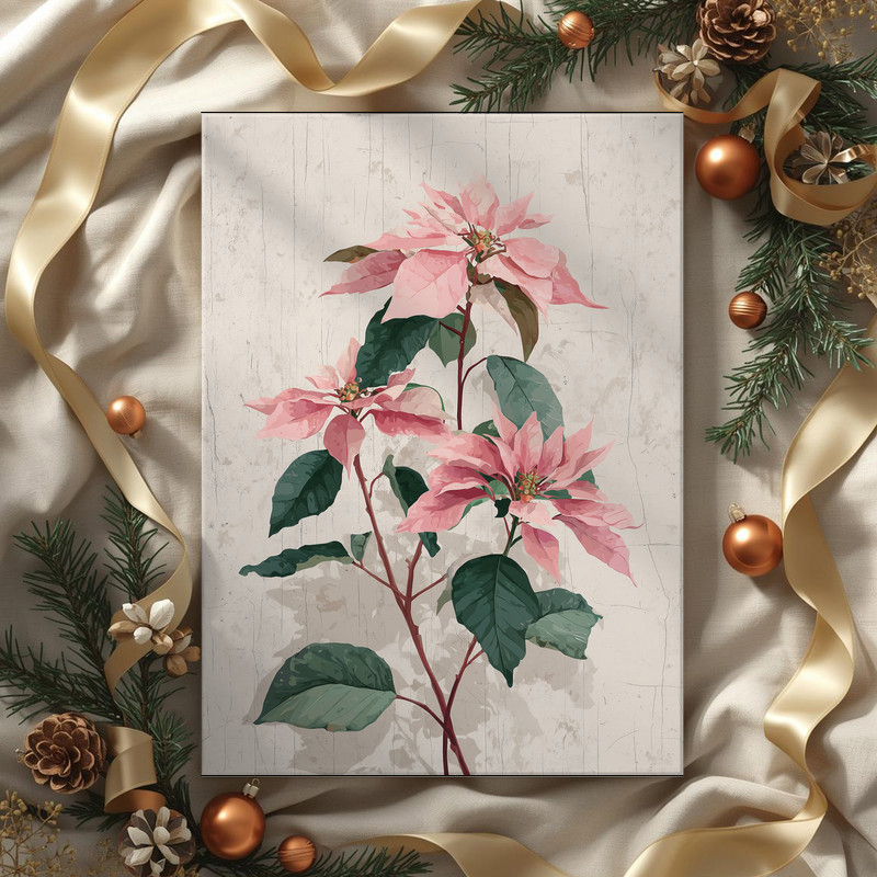 Blush pink poinsettias canvas wall art, vintage botanical illustration for elegant Christmas living room decor